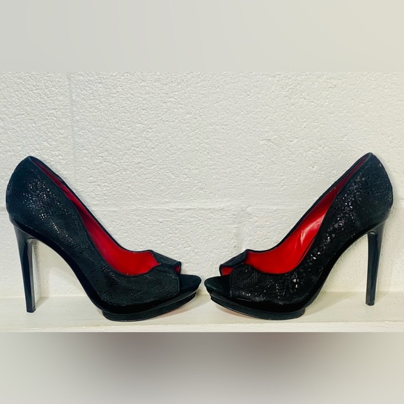 Charles Jourdan Black Leather Suede Open Toe Heels Size 8.5 - Picture 9 of 12